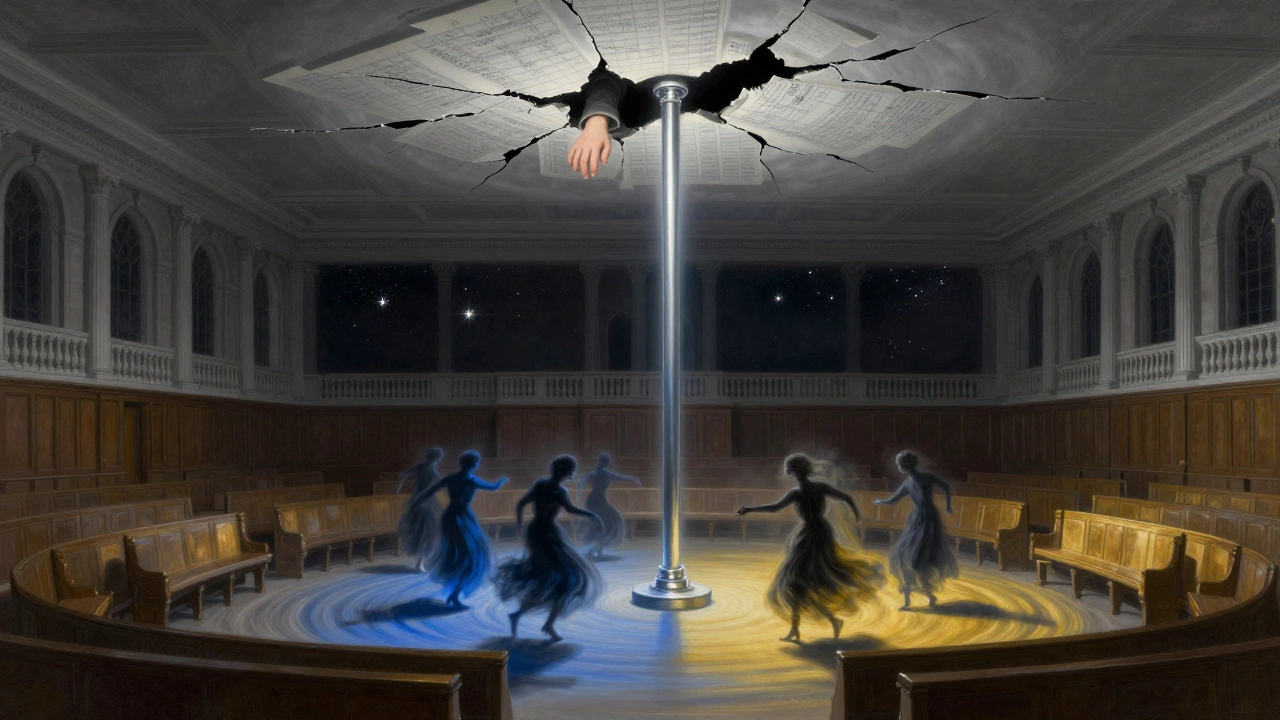 A glowing pole extends from the empty House of Commons into a starry sky, with shadowy dancers below casting colored ripples of hope and grief.
