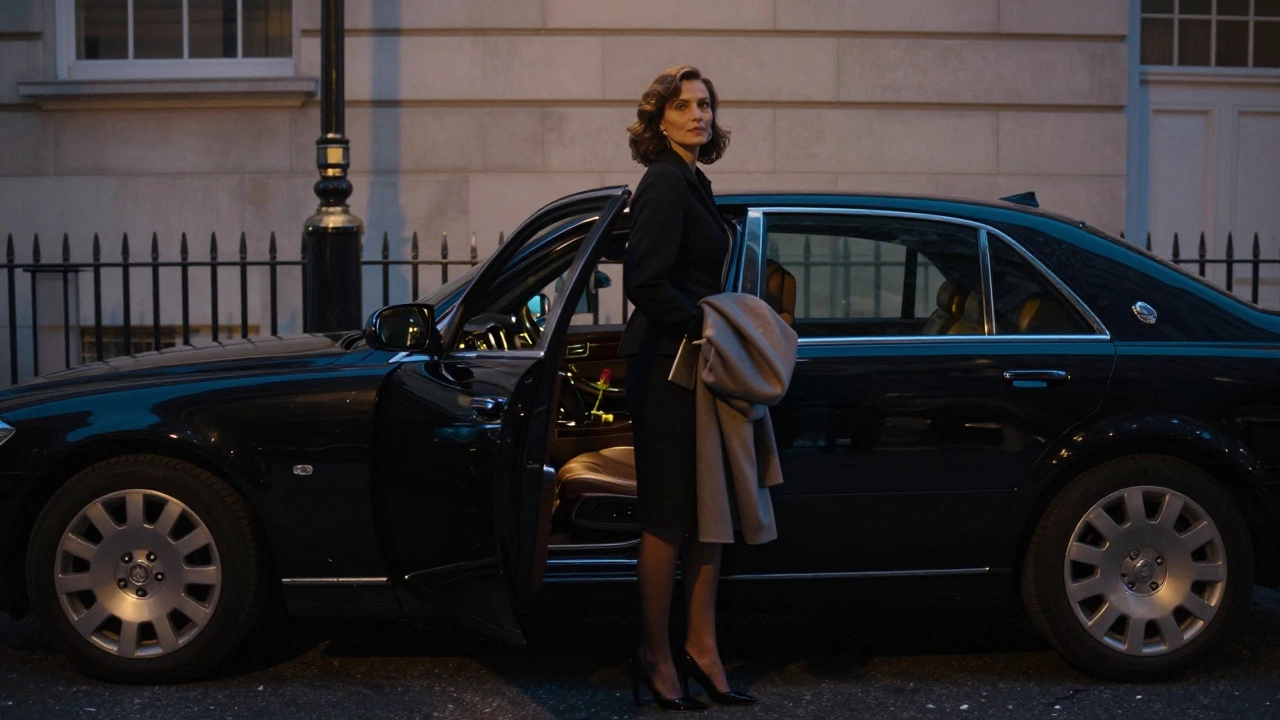 A luxury sedan parked discreetly in a Mayfair alley at night, exuding quiet elegance and confidentiality.