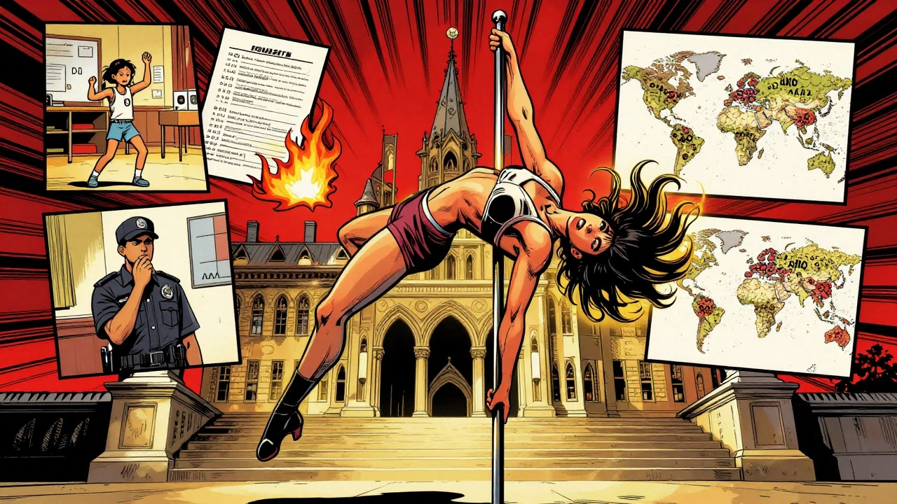 Comic book style illustration of a heroic dancer mid-air above Parliament, with floating scenes of global protests and burning budgets.