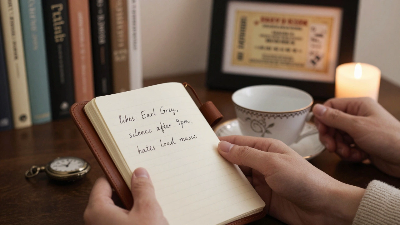 Handwritten notes beside a teacup and pocket watch, symbolizing personalized care and attentive memory.